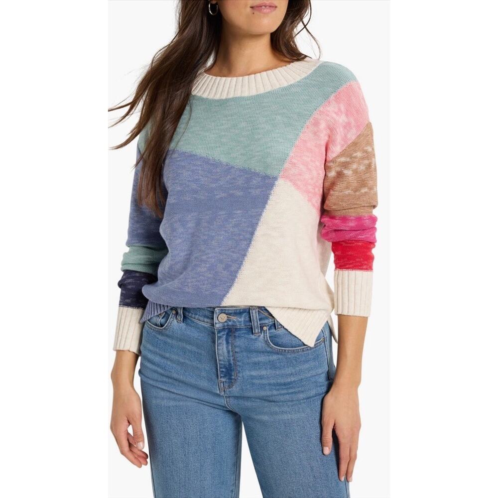 NIC+ZOE Colorblock Mix Sweater XL Crew Neck Multi Color Knit Quiet Luxury Preppy